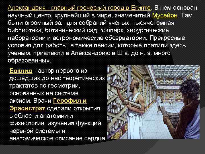 Александрия - главный греческий город в Египте. В нем основан научный центр, крупнейший в