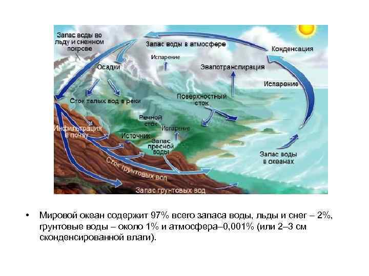  • Мировой океан содержит 97% всего запаса воды, льды и снег – 2%,
