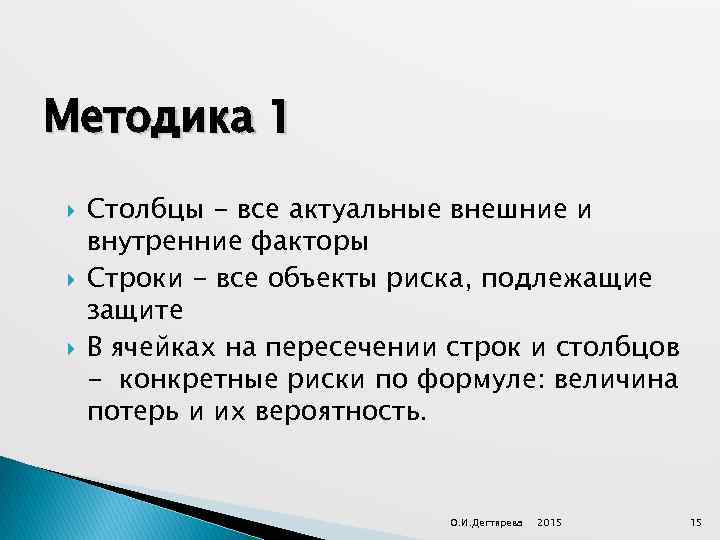 Методика 1 Столбцы - все актуальные внешние и внутренние факторы Строки - все объекты