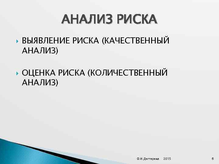 АНАЛИЗ РИСКА ВЫЯВЛЕНИЕ РИСКА (КАЧЕСТВЕННЫЙ АНАЛИЗ) ОЦЕНКА РИСКА (КОЛИЧЕСТВЕННЫЙ АНАЛИЗ) О. И. Дегтярева 2015