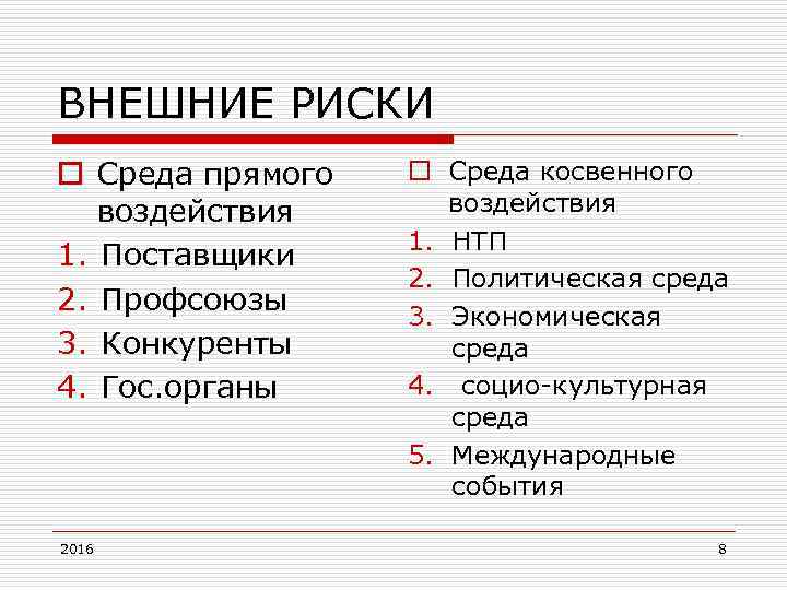 ВНЕШНИЕ РИСКИ o Среда прямого воздействия 1. Поставщики 2. Профсоюзы 3. Конкуренты 4. Гос.