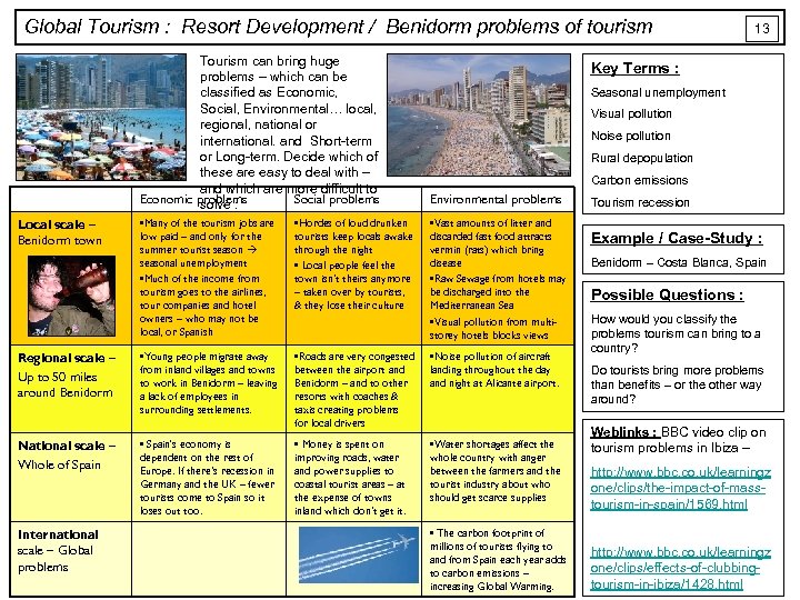 Global Tourism : Resort Development / Benidorm problems of tourism Tourism can bring huge