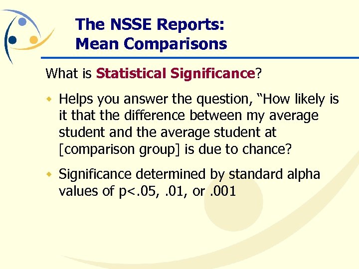 The NSSE Reports: Mean Comparisons What is Statistical Significance? w Helps you answer the