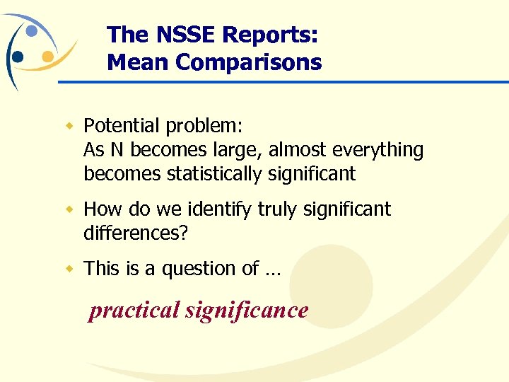 The NSSE Reports: Mean Comparisons w Potential problem: As N becomes large, almost everything
