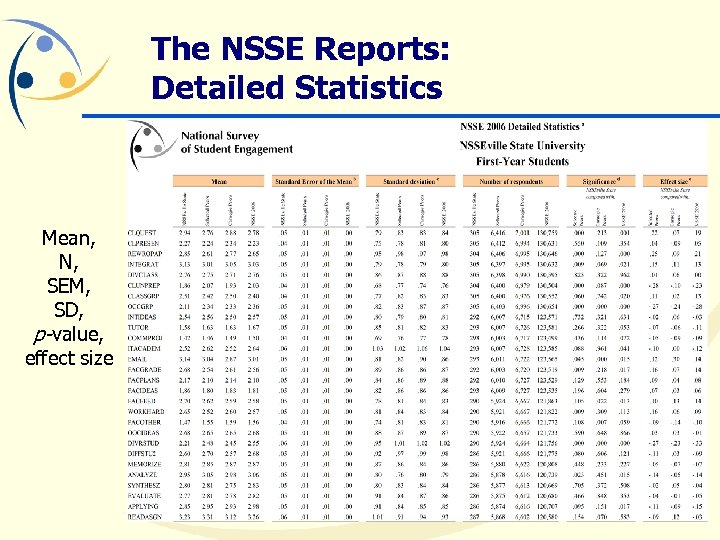 The NSSE Reports: Detailed Statistics Mean, N, SEM, SD, p-value, effect size 