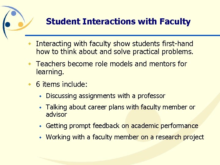 Student Interactions with Faculty w Interacting with faculty show students first-hand how to think