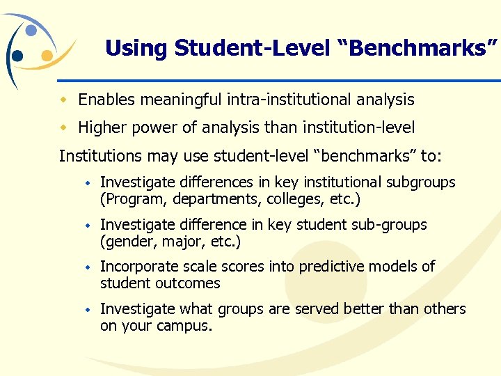 Using Student-Level “Benchmarks” w Enables meaningful intra-institutional analysis w Higher power of analysis than