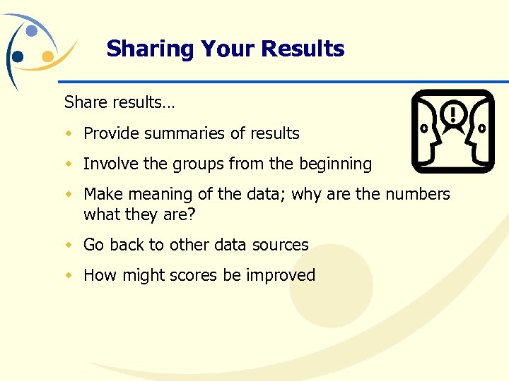 Sharing Your Results Share results… w Provide summaries of results w Involve the groups