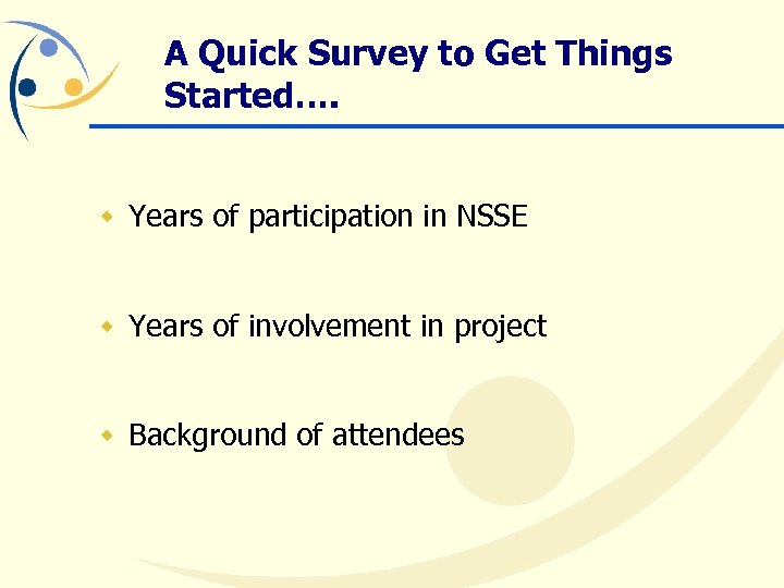 A Quick Survey to Get Things Started…. w Years of participation in NSSE w