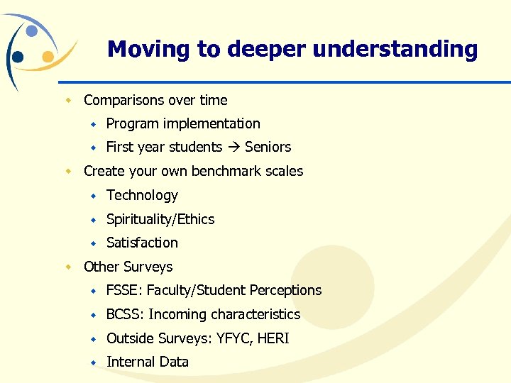 Moving to deeper understanding w Comparisons over time w Program implementation w First year