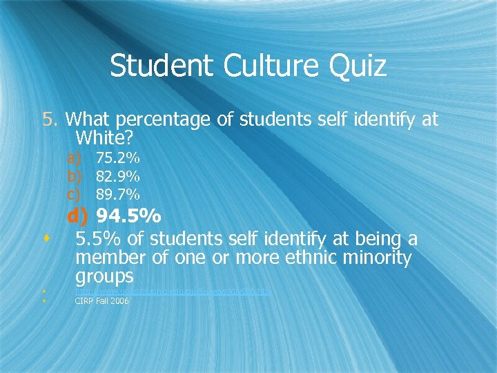 Student Culture Quiz 5. What percentage of students self identify at White? a) 75.