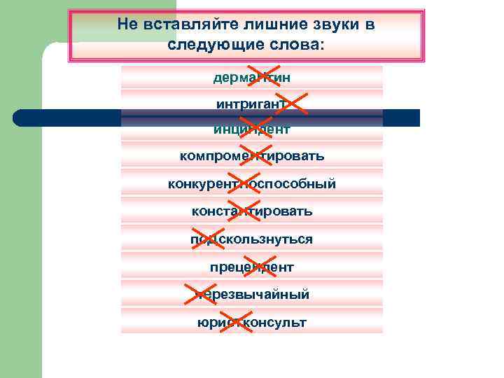 Не вставляйте лишние звуки в следующие слова: дерма. Нтин интригант инци. Ндент компроментировать конкурентноспособный