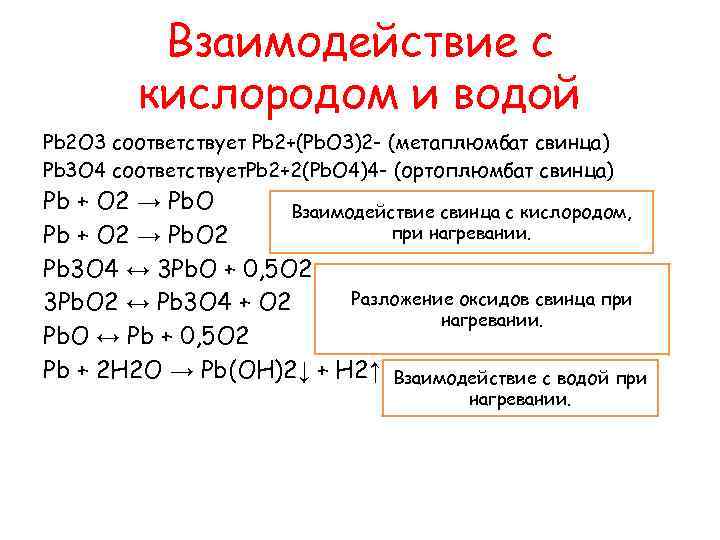 Взаимодействие с кислородом и водой Pb 2 O 3 соответствует Pb 2+(Pb. O 3)2