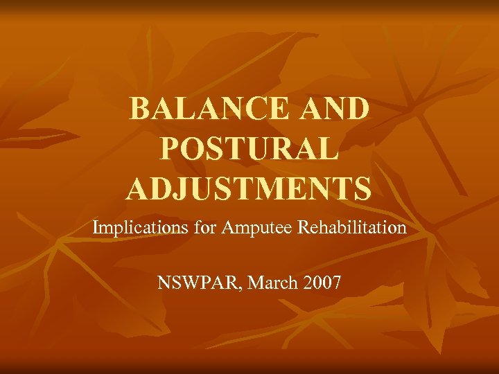 BALANCE AND POSTURAL ADJUSTMENTS Implications for Amputee Rehabilitation NSWPAR, March 2007 