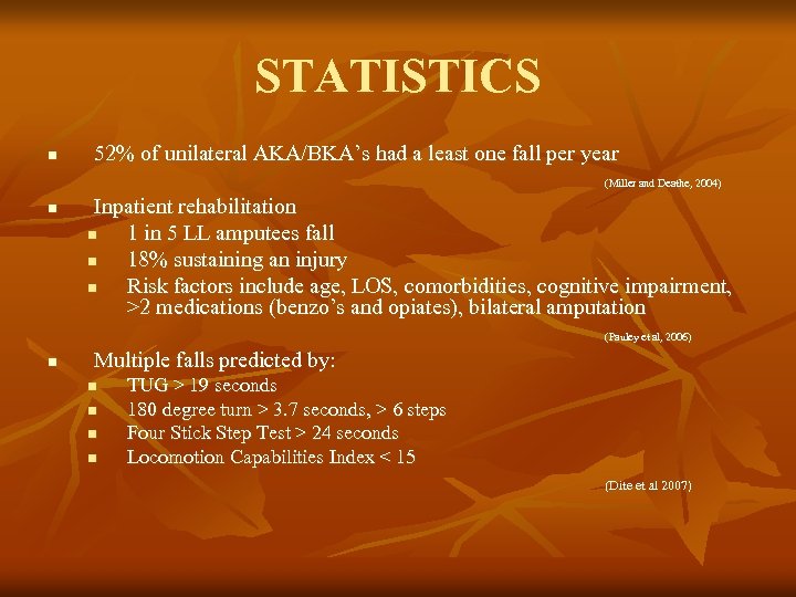 STATISTICS n 52% of unilateral AKA/BKA’s had a least one fall per year (Miller