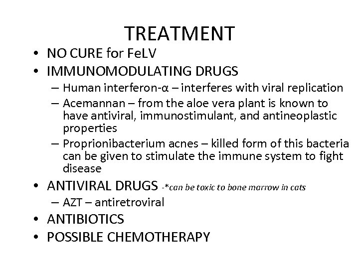 TREATMENT • NO CURE for Fe. LV • IMMUNOMODULATING DRUGS – Human interferon-α –