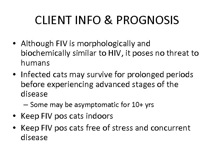 CLIENT INFO & PROGNOSIS • Although FIV is morphologically and biochemically similar to HIV,