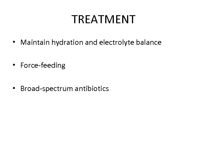 TREATMENT • Maintain hydration and electrolyte balance • Force-feeding • Broad-spectrum antibiotics 