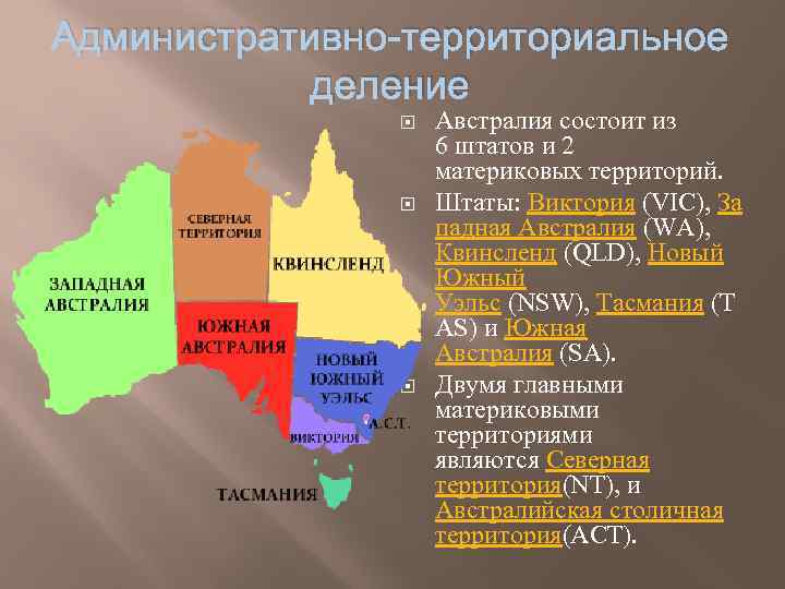 Административно-территориальное деление Австралия состоит из 6 штатов и 2 материковых территорий. Штаты: Виктория (VIC),