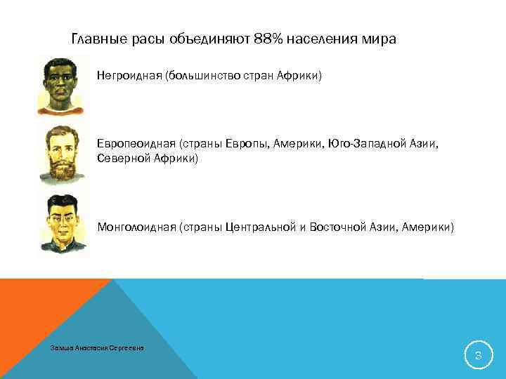 Главные расы объединяют 88% населения мира Негроидная (большинство стран Африки) Европеоидная (страны Европы, Америки,