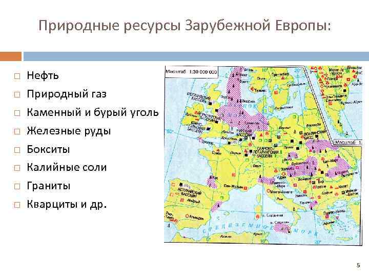 Природные ресурсы Зарубежной Европы: Нефть Природный газ Каменный и бурый уголь Железные руды Бокситы