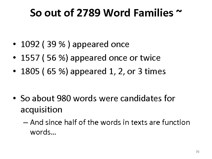 So out of 2789 Word Families ~ • 1092 ( 39 % ) appeared