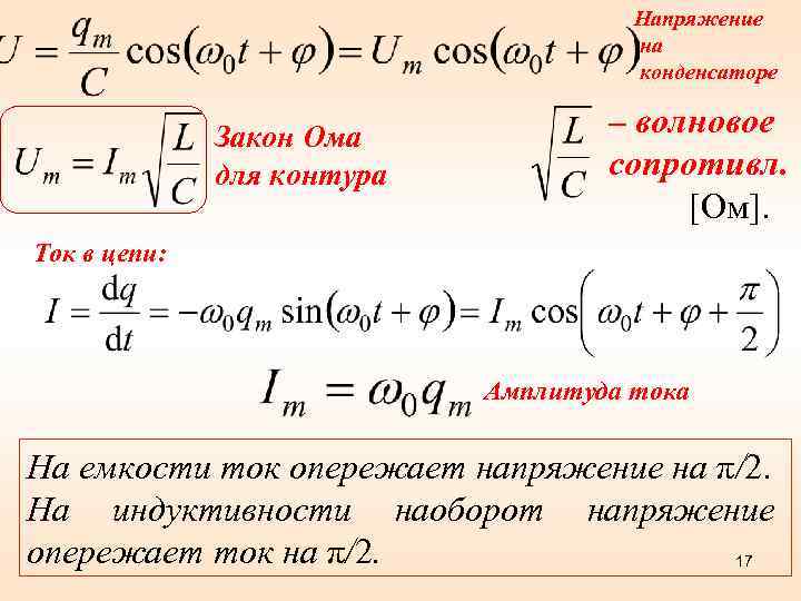 Напряжение на конденсаторе Закон Ома для контура – волновое сопротивл. [Ом]. Ток в цепи: