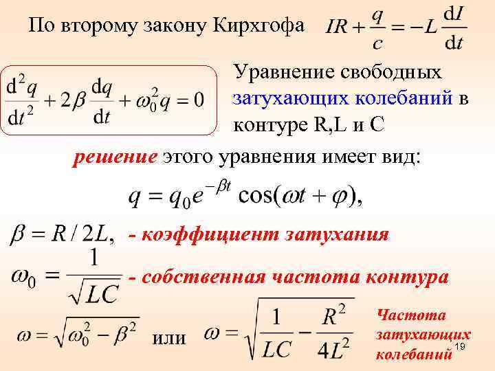 По второму закону Кирхгофа Уравнение свободных затухающих колебаний в контуре R, L и C