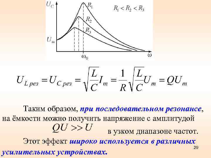 Таким образом, при последовательном резонансе, на ёмкости можно получить напряжение с амплитудой в узком