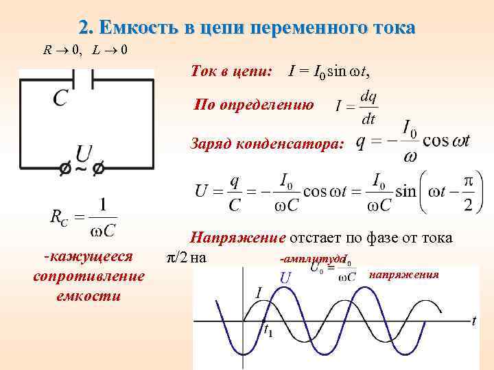 2. Емкость в цепи переменного тока R 0, L 0 Ток в цепи: I