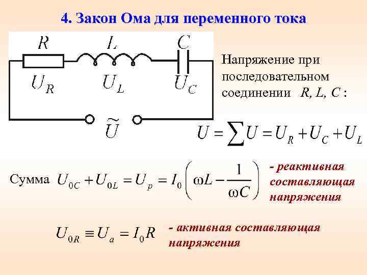 4. Закон Ома для переменного тока Напряжение при последовательном соединении R, L, C :