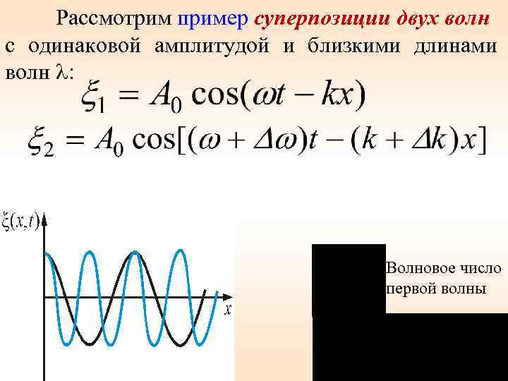 Рассмотрим пример суперпозиции двух волн с одинаковой амплитудой и близкими длинами волн : Волновое