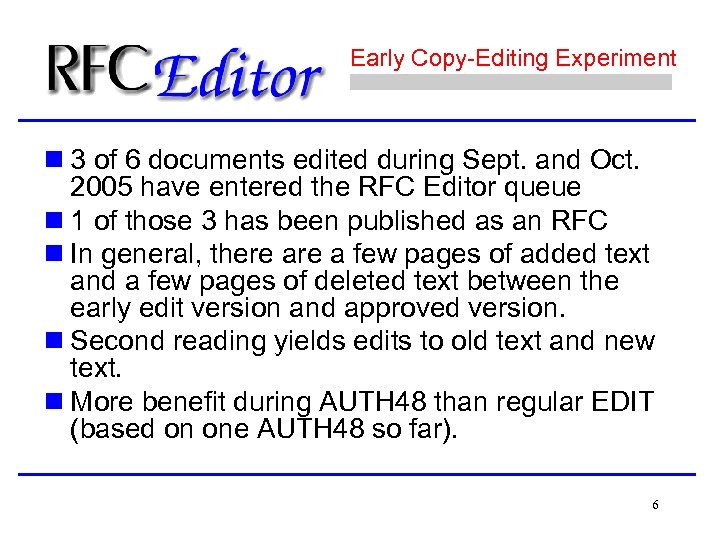 Early Copy-Editing Experiment n 3 of 6 documents edited during Sept. and Oct. 2005