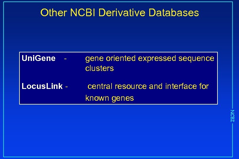 Other NCBI Derivative Databases Uni. Gene - Locus. Link - gene oriented expressed sequence