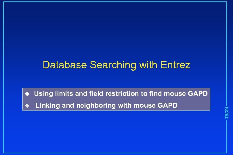 Database Searching with Entrez Using limits and field restriction to find mouse GAPD u