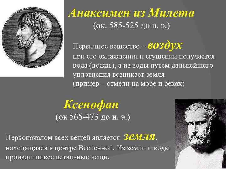 Анаксимен из Милета (ок. 585 -525 до н. э. ) воздух Первичное вещество –