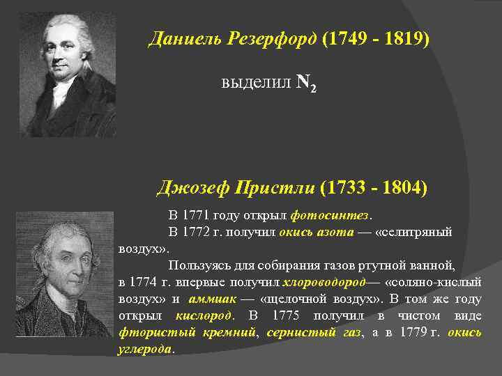 Даниель Резерфорд (1749 - 1819) выделил N 2 Джозеф Пристли (1733 - 1804) В