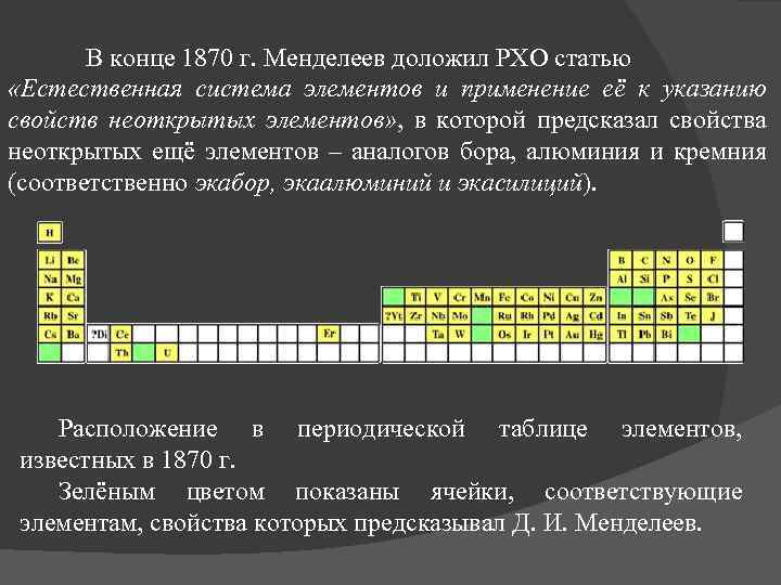 В конце 1870 г. Менделеев доложил РХО статью «Естественная система элементов и применение её