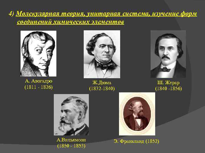 4) Молекулярная теория, унитарная система, изучение форм соединений химических элементов А. Авогадро (1811 -