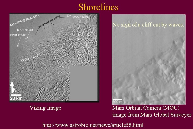 Shorelines No sign of a cliff cut by waves. Viking Image Mars Orbital Camera