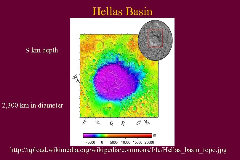 Hellas Basin 9 km depth 2, 300 km in diameter http: //upload. wikimedia. org/wikipedia/commons/f/fc/Hellas_basin_topo.