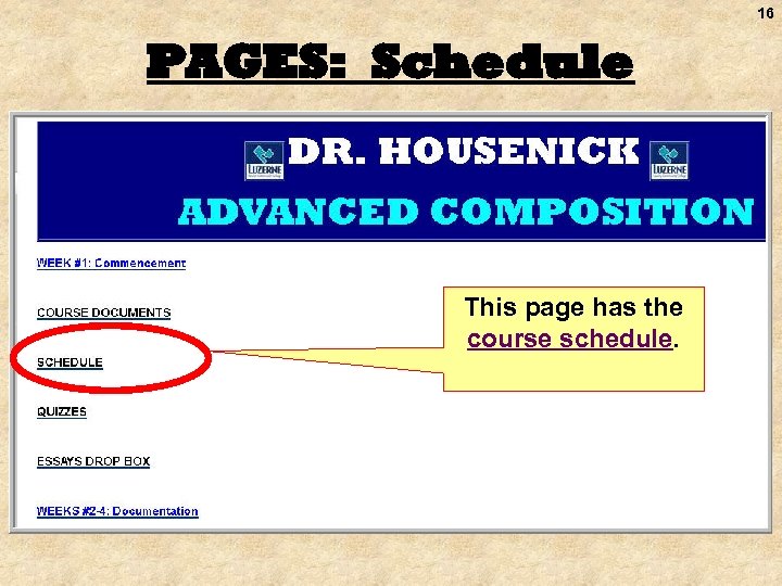 16 PAGES: Schedule This page has the course schedule. 