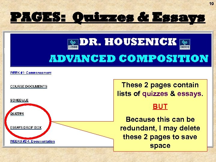 19 PAGES: Quizzes & Essays These 2 pages contain lists of quizzes & essays.