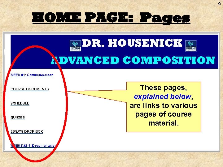 9 HOME PAGE: Pages These pages, explained below, are links to various pages of