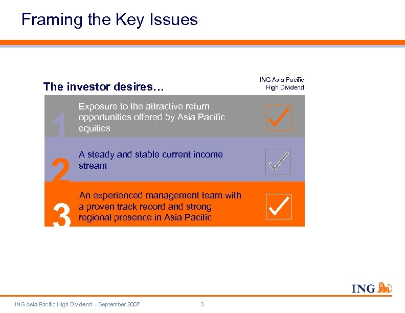 Framing the Key Issues ING Asia Pacific High Dividend The investor desires… 1 2