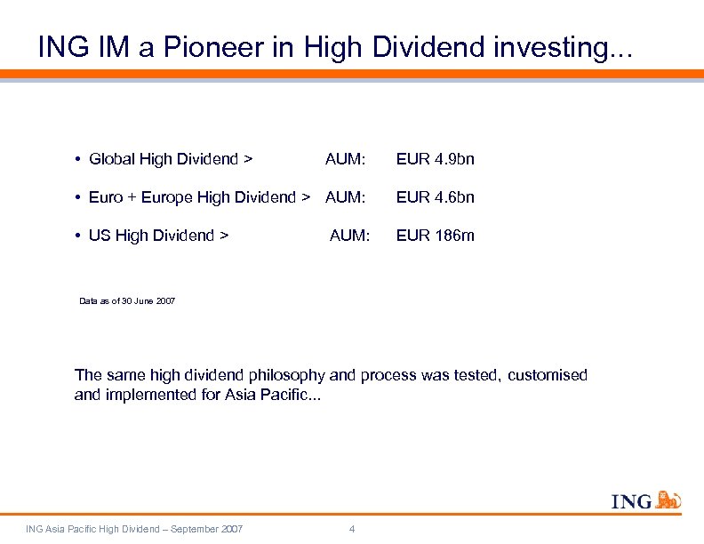 ING IM a Pioneer in High Dividend investing. . . • Global High Dividend