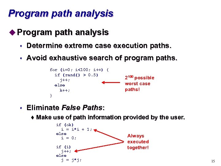 Program path analysis u Program path analysis s Determine extreme case execution paths. s