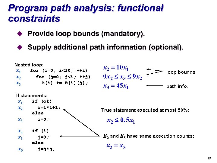 Program path analysis: functional constraints u Provide loop bounds (mandatory). u Supply additional path