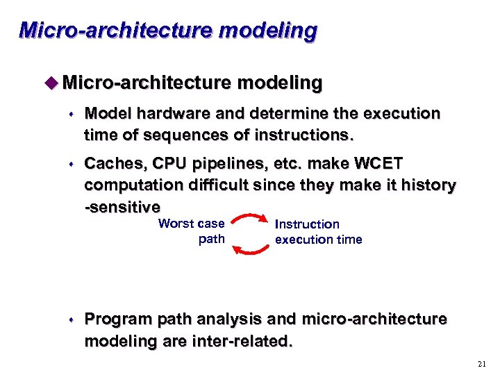 Micro-architecture modeling u Micro-architecture modeling s Model hardware and determine the execution time of