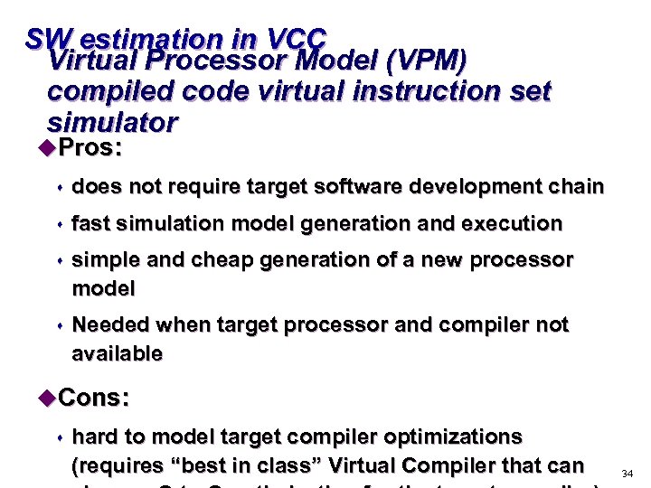 SW estimation in VCC Virtual Processor Model (VPM) compiled code virtual instruction set simulator